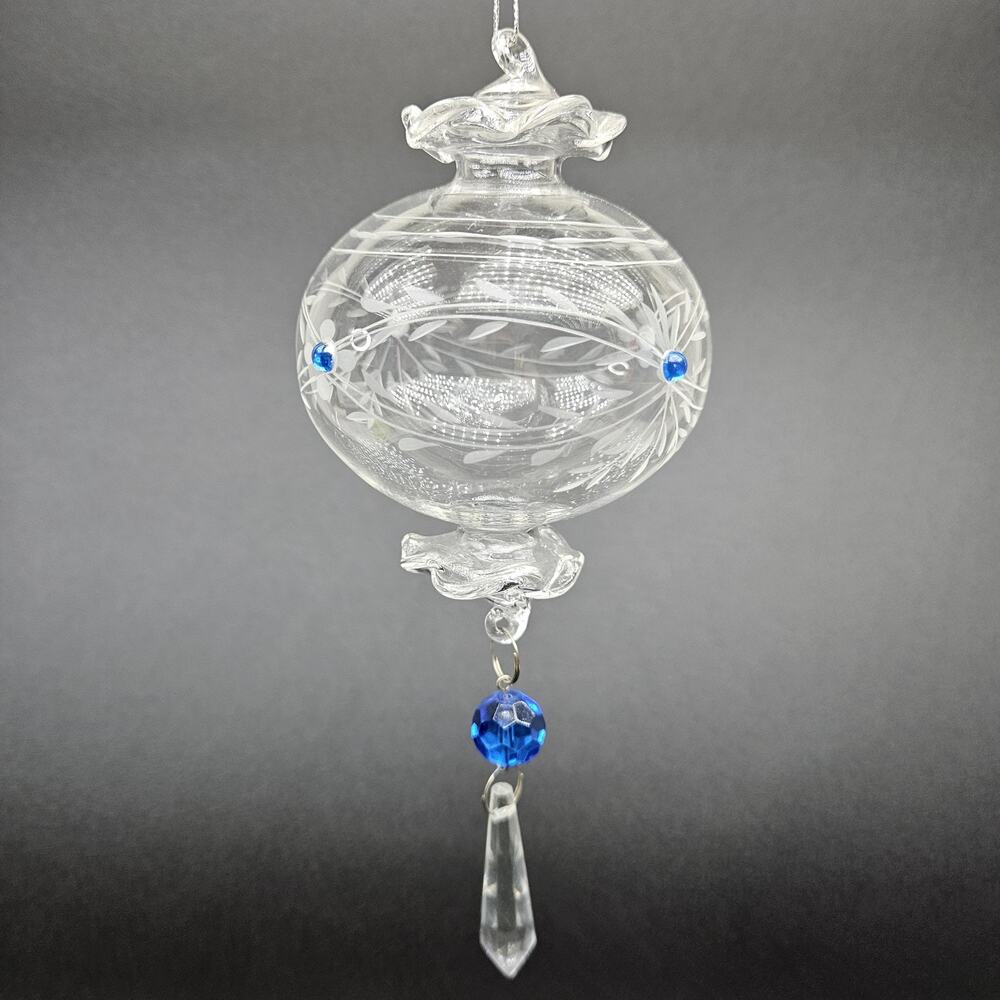 Hand Blown Glass Ornament Etched Floral Design‎ Crystal Accents Hanging Decor